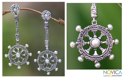 Cultured pearl dangle earrings, 'Sea Wind' - Nautical Cultured Pearl Dangle Earrings