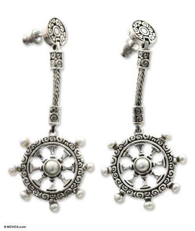 Cultured pearl dangle earrings, 'Sea Wind' - Nautical Cultured Pearl Dangle Earrings