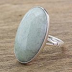 Handcrafted Minimalist Light Green Jade and Silver Ring, 'Pale Green Tonalities'