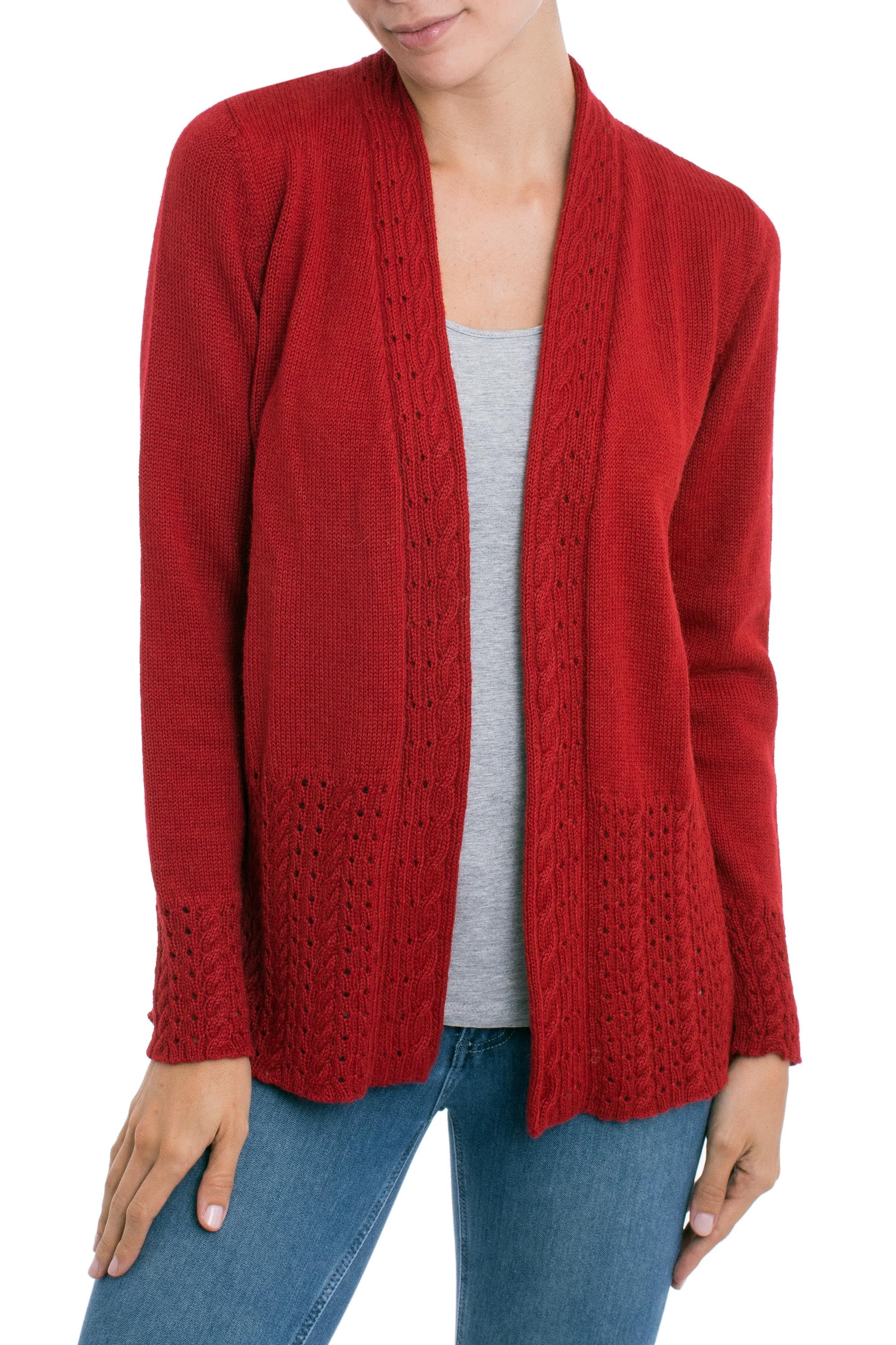 Unicef Market Red Alpaca Blend Cable And Eyelet Trimmed Cardigan Sweater Fireside Cheer