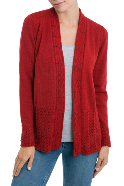 Alpaca blend cardigan, 'Fireside Cheer' - Red Alpaca Blend Cable and Eyelet Trimmed Cardigan Sweater