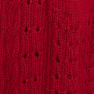 Alpaca blend cardigan, 'Fireside Cheer' - Red Alpaca Blend Cable and Eyelet Trimmed Cardigan Sweater