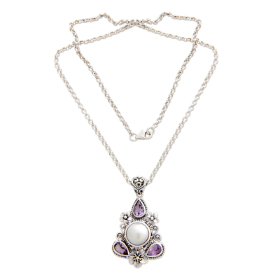 Cultured pearl and amethyst floral necklace, 'Frangipani Trio' - Artisan Crafted Amethyst and Cultured Pearl Necklace