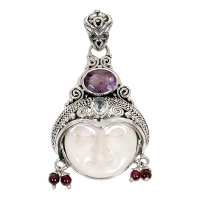 Amethyst, garnet and bone pendant, 'Dreamer' - Unique Women's Sterling Silver and Amethyst Pendant