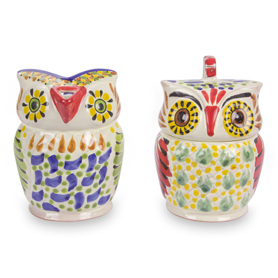 Juego de crema y azúcar de cerámica de mayólica, 'Owl Companions' - Juego de crema y azúcar de mayólica hecho a mano de cerámica