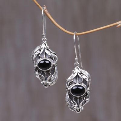 Onyx flower earrings, 'Nest of Lilies' - Hand Made Onyx and Sterling Silver Dangle Earrings