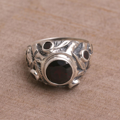 Garnet cocktail ring, 'Bamboo Thicket' - Bamboo-Themed Garnet Cocktail Ring from Bali