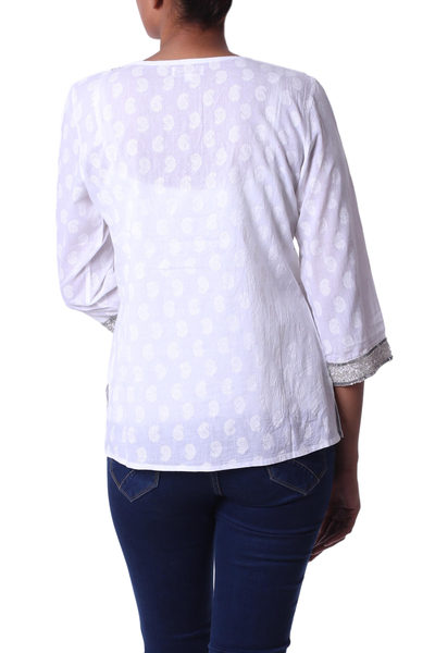 Beaded cotton blouse, 'Dazzling White' - Fair Trade Cotton Embroidered Tunic Top