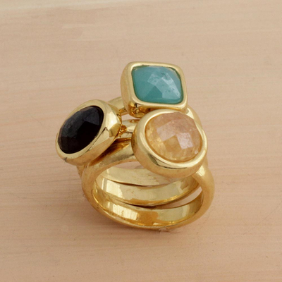 Gold plated multi-gemstone stacking rings, 'Colored Trio' (set of 3) - Three Gold Plated Multi-Gemstone Stacking Rings from Brazil