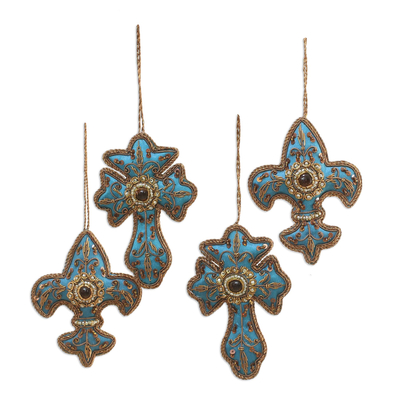 Beaded ornaments, 'Teal Fete' (set of 4) - Teal Hand Crafted Beaded Ornaments from India (Set of 4)