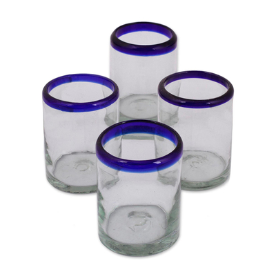 Blown glass tumblers, 'Cobalt Rings' (set of 4) - Blue-Rimmed Hand Blown Glasses  (Set of 4)