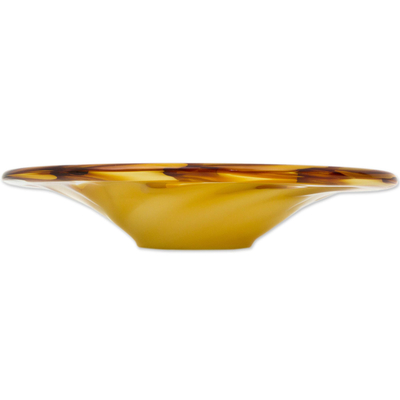 Art glass centerpiece, 'Yellow Spiral' - Hand Blown Yellow Decorative Glass Centerpiece from Brazil