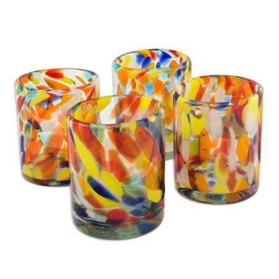 Tumblers, 'Liquid Confetti' (set of 4) - Unique Handblown Recycled Glasses Set of 4