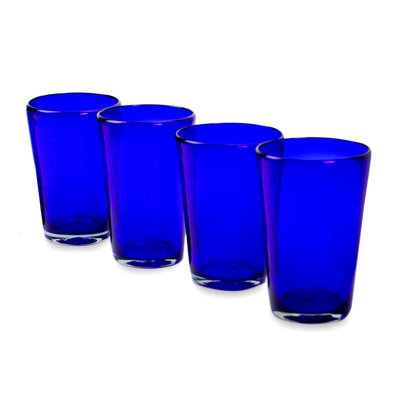 Drinking glasses, 'Cobalt Angles' (set of 5) - Handblown Recycled Glass Tumbler Drinkware (Set of 5) Blue