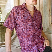 Men's cotton batik shirt, 'Purple Jungle'