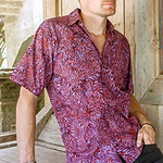 Camisa Batik de Algodón Morado y Magenta para Hombre de Bali, 'Purple Jungle'
