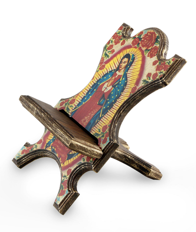 Pinewood book stand, 'My Beloved Virgin of Guadalupe' - Decoupaged Pinewood Book Stand