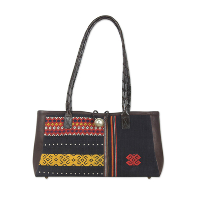 Leather accent cotton shoulder bag, 'Naga Tribal Black' - Leather Accent Handwoven Cotton Shoulder Bag
