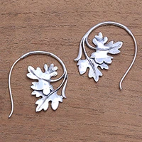 Sterling silver half-hoop earrings, 'Leafy Canopy' - Leaf-Shaped Sterling Silver Half-Hoop Earrings from Bali