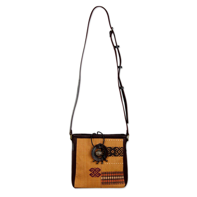 Leather accent cotton shoulder bag, 'Tribal Journey' - Brown Naga Tribe Handwoven Leather Accent Purse