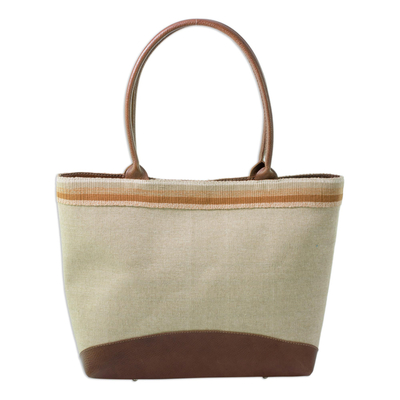 Leather accent cotton shoulder bag, 'Natural Horizon' - Leather Accent Handbag of Handwoven Natural Cotton