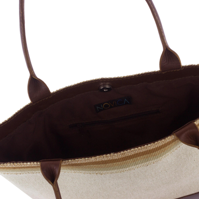 Leather accent cotton shoulder bag, 'Natural Horizon' - Leather Accent Handbag of Handwoven Natural Cotton