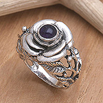 Hand Crafted Floral Sterling Silver and Amethyst Ring, 'Rose of Peace'