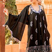 Silk shawl, 'Midnight Glamour' - Silk Shawl with Beaded Fringe in Black from India