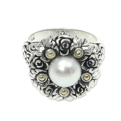 Gold accent cultured pearl flower ring, 'Rose Nosegay' - Gold accent cultured pearl flower ring