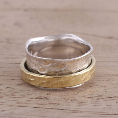 Sterling silver and brass meditation spinner ring, Contrasting Beauty