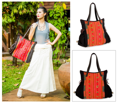 Cotton shoulder bag, 'Hmong Black' - Embroidered Hill Tribe Shoulder Bag from Thailand
