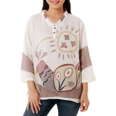 Cotton batik tunic, 'Flirty Peacock' - Batik Cotton Tunic