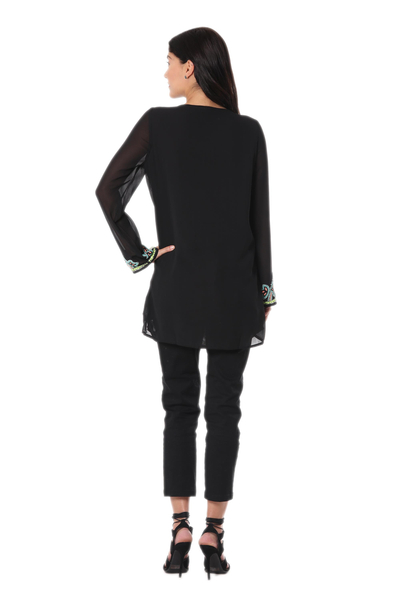 Beaded tunic, 'Midnight Celebration' - Hand Beaded Sheer Lined Black Polyester Long-Sleeved Tunic