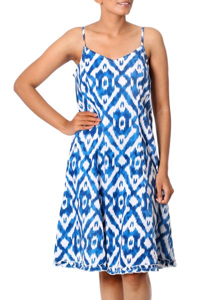 Cotton sundress, 'Abstract Cyan' - Cyan and White Ikat Printed Cotton Sundress from India