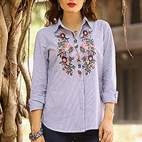Cotton tunic, 'Stripes and Blooms' - Striped Cotton Long Sleeved Tunic with Floral Embroidery