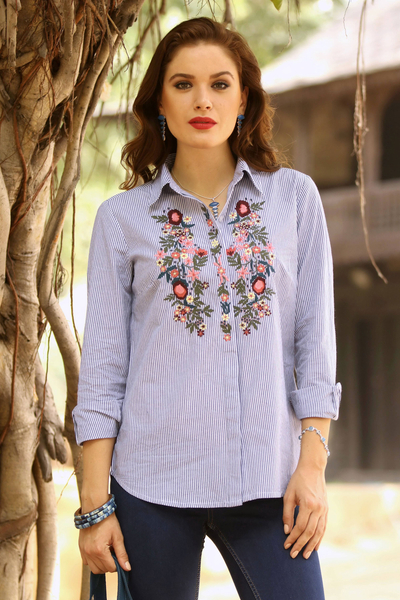 Cotton tunic, 'Stripes and Blooms' - Striped Cotton Long Sleeved Tunic with Floral Embroidery