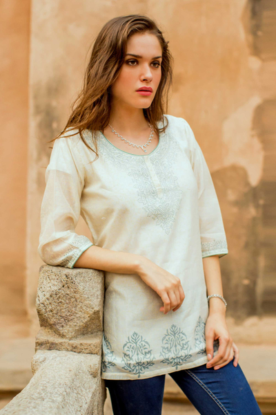 Cotton and silk blend tunic, 'Ivory Delight' - Indian Handmade Block Print Lined Cotton Blend Tunic