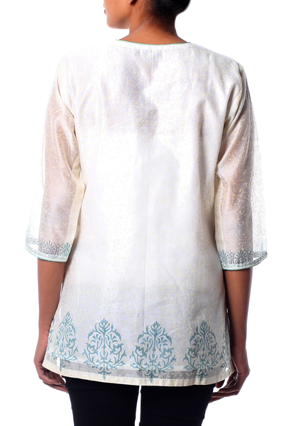 Cotton and silk blend tunic, 'Ivory Delight' - Indian Handmade Block Print Lined Cotton Blend Tunic