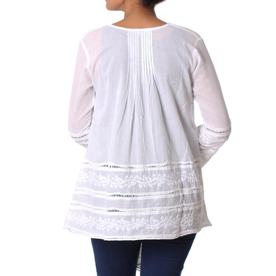 Cotton blouse, 'Amethi Princess' - White Hand Embroidered Long Cotton Smock