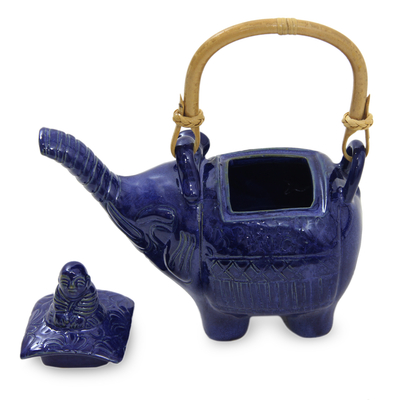 Ceramic teapot, 'Buddha and the Sapphire Elephant' - Handcrafted Ceramic Teapot