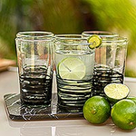 Set of 6 Hand Blown Black Spiral Glass Tumblers from Mexico, 'Ebony Spin'