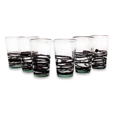 Vasos de vidrio soplado, 'Ebony Spin' (juego de 6) - Juego de 6 vasos de vidrio en espiral negro soplados a mano de México