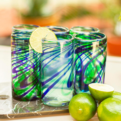 Blown glass highball glasses, 'Elegant Energy' (set of 6) - Set of 6 Hand Made Blown Glass Mexican Highball Glasses