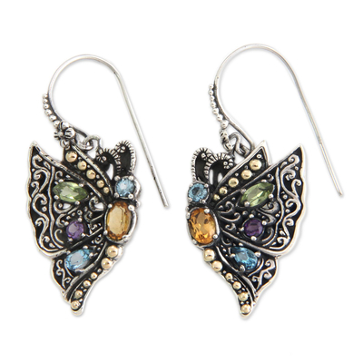 Gold-accented multi-gemstone dangle earrings, 'Monarch Butterfly Queen' - Gold-Accented Multi-Gem Butterfly Earrings from Bali