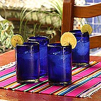 Blown glass drinking glasses, 'Pure Cobalt' (set of 4) - Handblown Glass Recycled Blue Tumblers Drinkware (Set of 4)