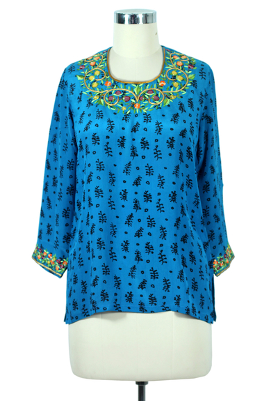 Silk tunic, 'Midnight Bouquet' - Women's Floral Silk Patterned Tunic Top