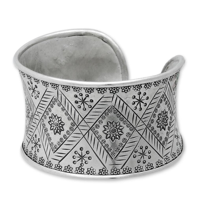 Silver cuff bracelet, 'Thai Sunflower' - Hill Tribe 950 Silver Cuff Bracelet