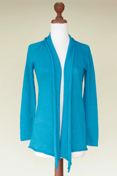 Suéter de algodón y alpaca, 'Azul Andino' - Cárdigan de mezcla de alpaca de algodón artesanal