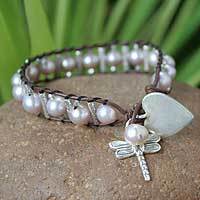 Cultured pearl and leather charm bracelet