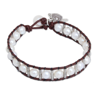Cultured pearl and leather charm bracelet 'Thai Nature' - Cultured Pearl Leather and 950 Silver Charm Bracelet
